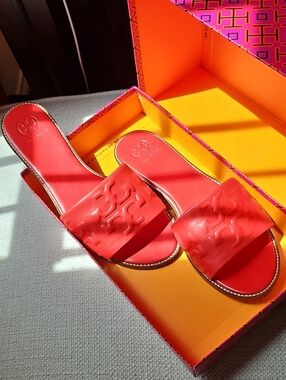 Tory Burch Red Leather Logo Slide Sandals